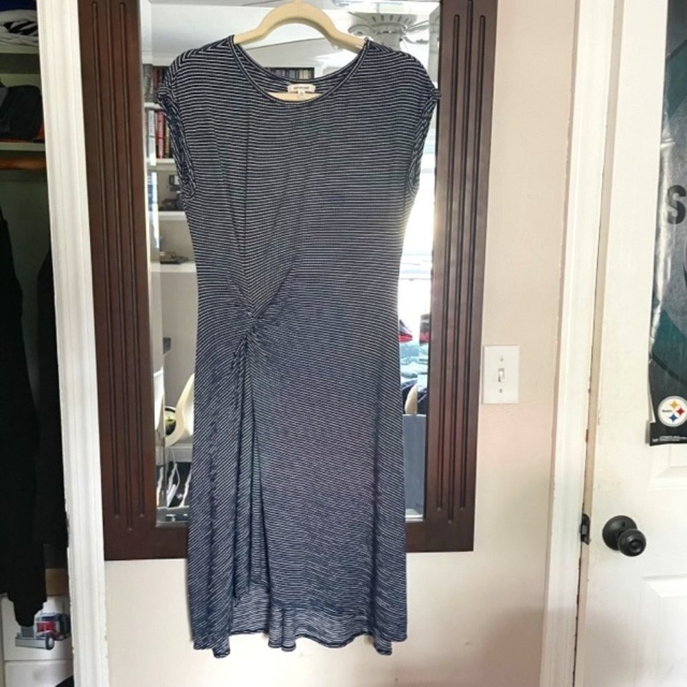 Max Studio Navy and White Striped Asymmetrical Dress | Size M